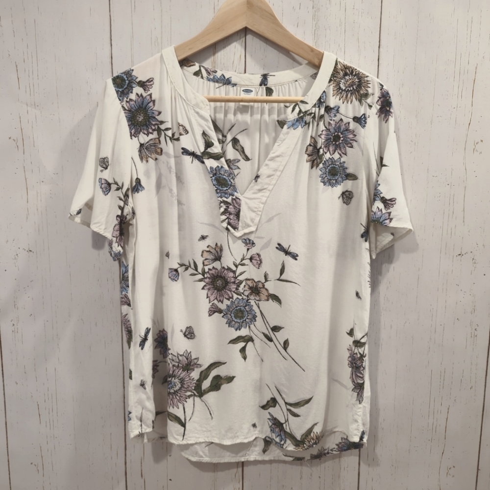 Old Navy White Floral Short Sleeve Blouse Size M
